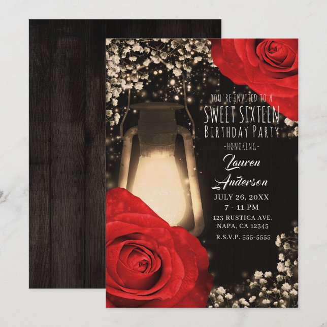 Invitation Lanterne brillante rustique & Roses rouges brillan (Devant / Derrière)
