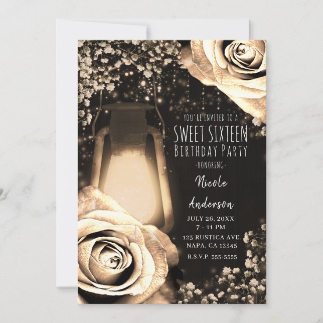 Invitation Lanterne de lueur rustique Roses d'or doux 16 (Devant)