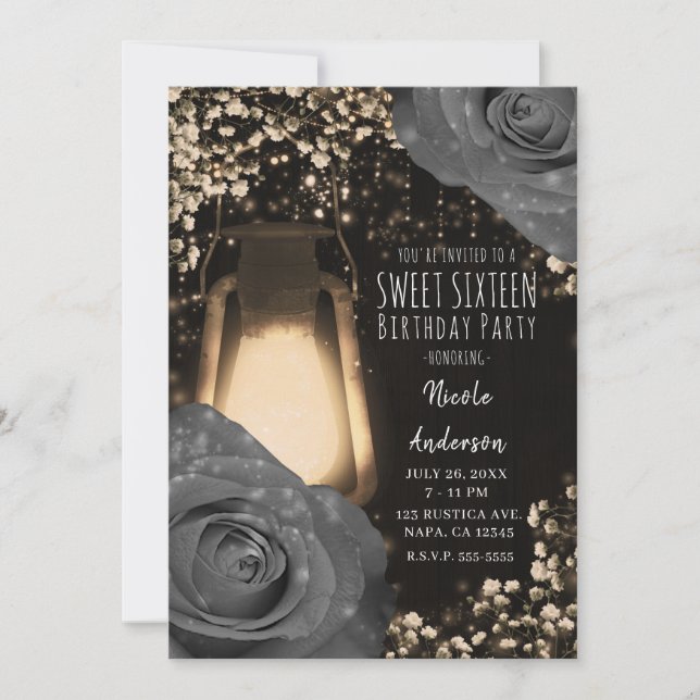 Invitation Lanterne de lumière rustique gris chaud Roses doux (Devant)