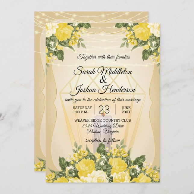 Invitation Lanterne dorée et Mariage floral jaune (Devant / Derrière)