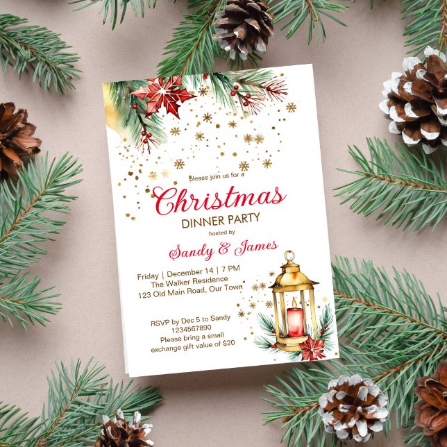 Invitation lanterne du dîner de Noël (Christmas dinner party template invitation digital download gold lantern pines gold snowflakes)