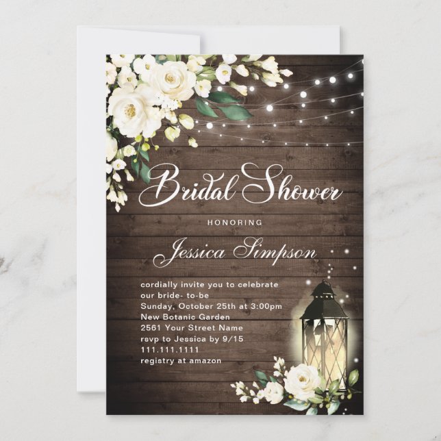 Invitation Lanterne en bois et roses blanches Fête de mariage (Devant)