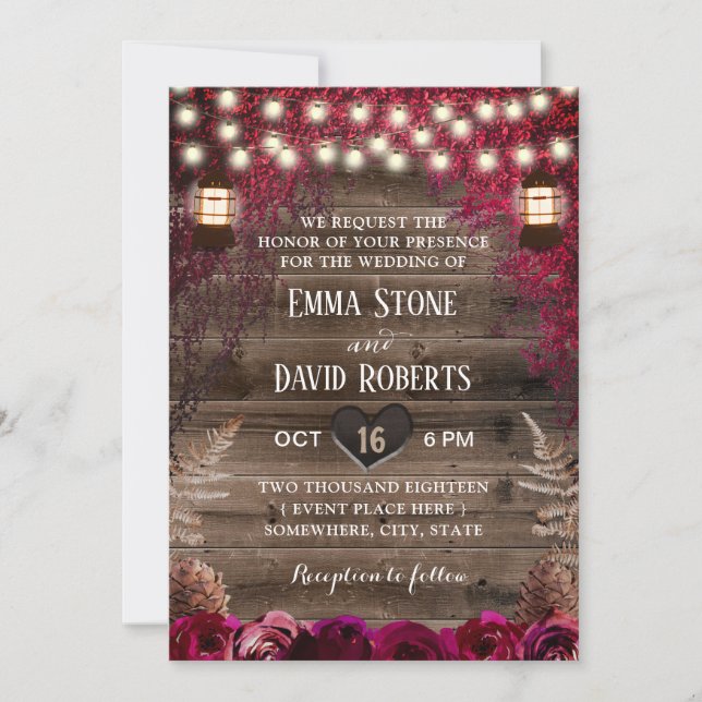 Invitation Lanterne Mariage de automne rustique Fleurs rouges (Devant)