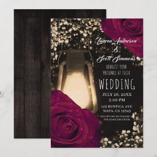 Invitation Lanterne Rustic Glow et Roses Magenta Mariage