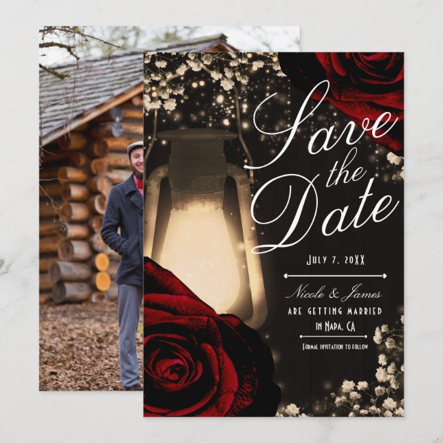Invitation Lanterne Rustic Glow et Roses Rouge Foncé Save the (Devant / Derrière)