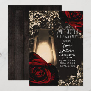 Invitation Lanterne Rustic Glow et Roses Rouge Foncé Sweet 16