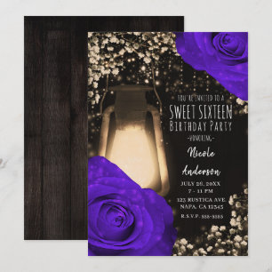 Invitation Lanterne Rustic Glow et Roses Violet Pourpre Douce