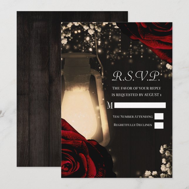 Invitation Lanterne Rustic Glow & Roses Rouge Foncé Réponse a (Devant / Derrière)