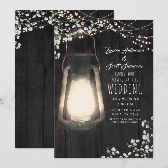 Invitation Lanterne Rustique Baby's Breath & Mariage aux Lumi (Devant / Derrière)
