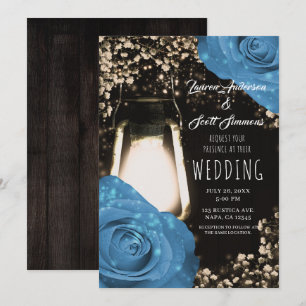 Invitation Lanterne Rustique Glow Roses Bleu Bleuet Mariage