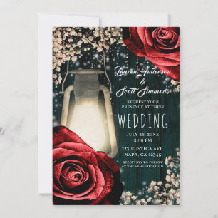 Invitation Lanterne Rustique Glow Roses Rouges et Bleu Turquo