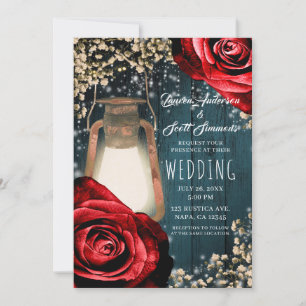 Invitation Lanterne Rustique Glow Roses Rouges et Bleu Turquo