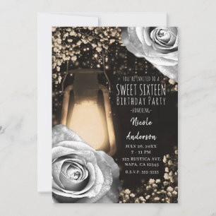 Invitation Lanterne Rustique Gris Argent Roses Douze Ans