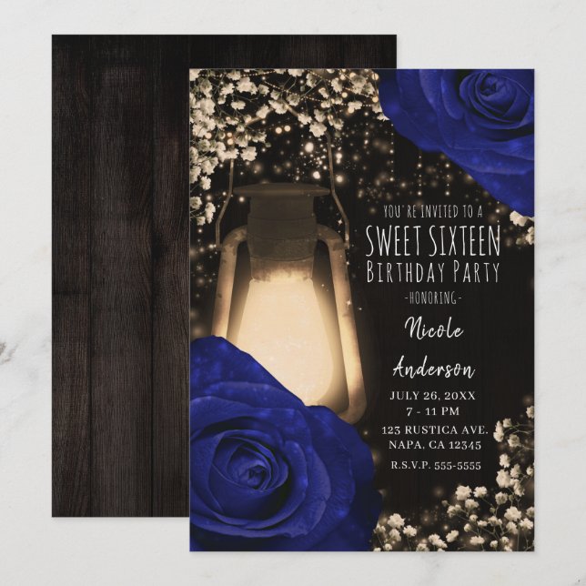 Invitation Lanterne Rustique Lueur Roses Navy Mariage Douce 1 (Devant / Derrière)