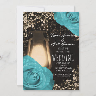 Invitation Lanterne Rustique Lumineuse Bleu Turquoise Roses M