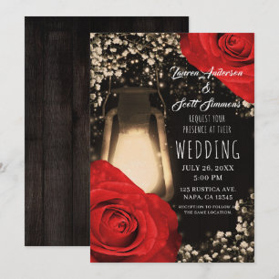 Invitation Lanterne Rustique Lumineuse Roses Rouge Clair Mari