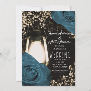 Invitation Lanterne Rustique Teal Vert Bleu Roses Mariage 