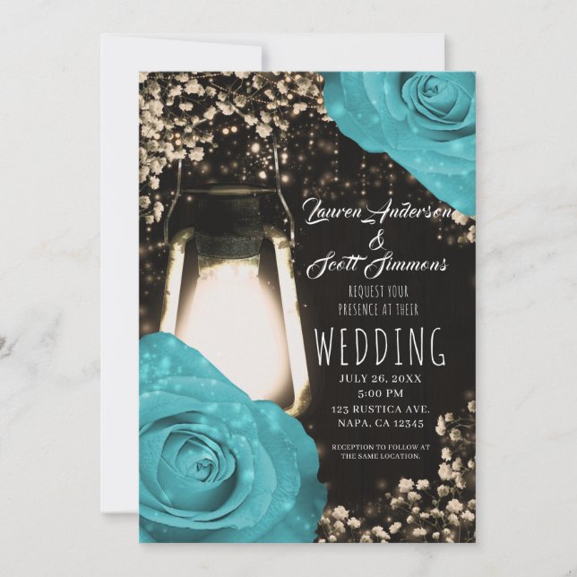 Invitation Lanterne Rustique Turquoise bleu Rose Mariage (Devant)