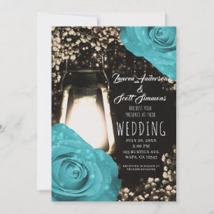 Invitation Lanterne Rustique Turquoise bleu Rose Mariage