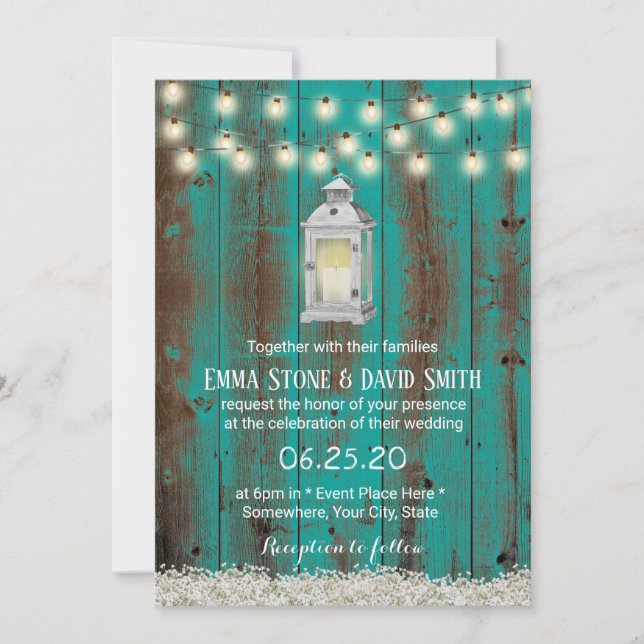Invitation Lanterne rustique Turquoise Grange Pays Mariage Fl (Devant)