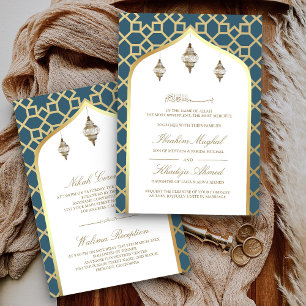 Invitation Lanterne suspendue Dusty Blue Gold Mariage Musulma