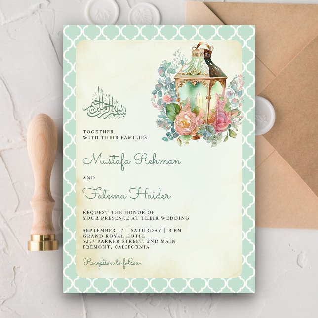 Invitation Lanterne Verte Menthe Florale Rustique Mariage Mus (Créateur téléchargé)