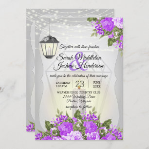 Invitation Lanternes argentées et Mariage à fleurs violettes
