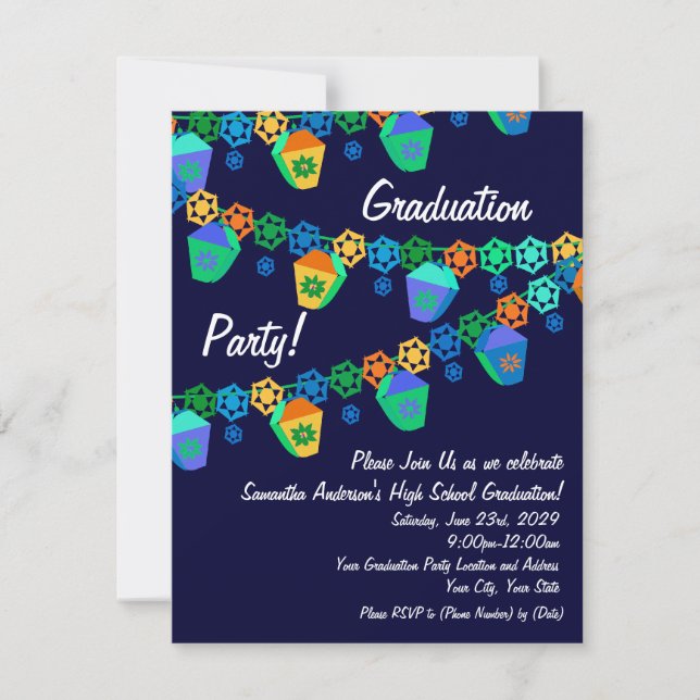 Invitation Lanternes bleues colorées Graduation Party Invitat (Devant)