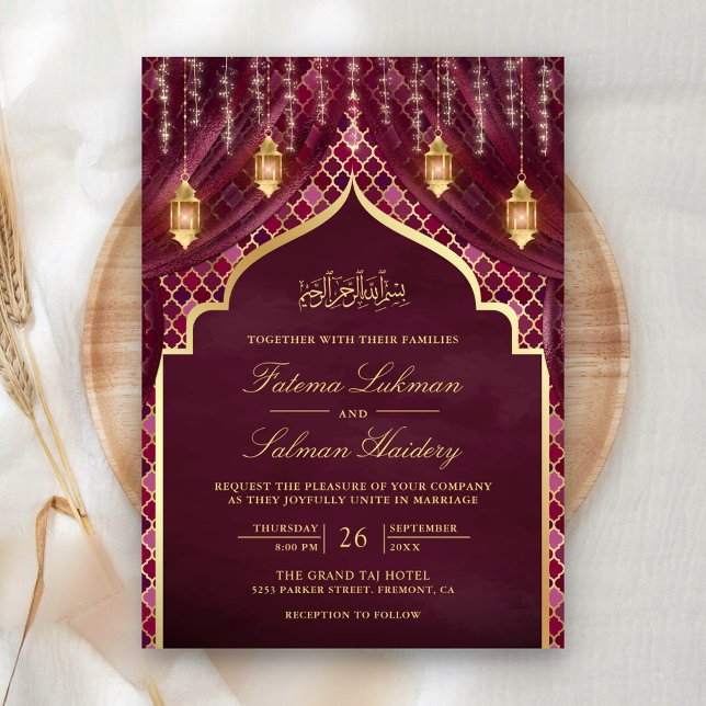 Invitation Lanternes d'or rideau de prune Mariage musulman (Créateur téléchargé)