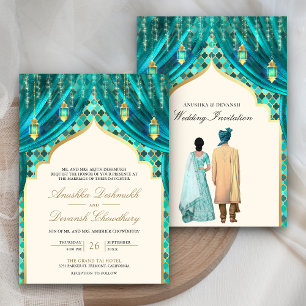 Invitation Lanternes dorées Couple indien de mariage sarcelle