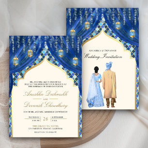 Invitation Lanternes dorées Couple indien Mariage bleu