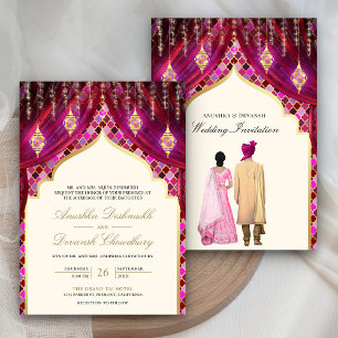 Invitation Lanternes dorées Couple indien marié Rose Magenta
