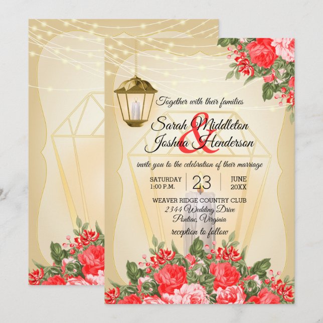 Invitation Lanternes dorées et Mariage de fleurs rouges (Devant / Derrière)