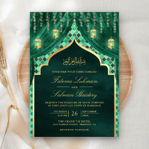 Invitation Lanternes dorées Rideau vert émeraude Mariage musu