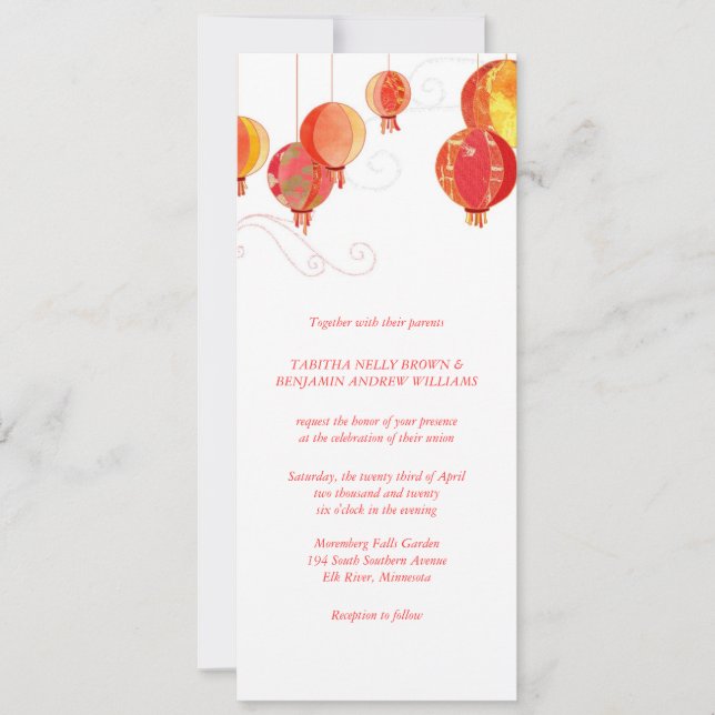 Invitation Lanternes en papier rouge Long Mariage vertical (Devant)