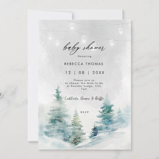 Invitation lanternes forestières d'hiver baby shower invitati (Devant)