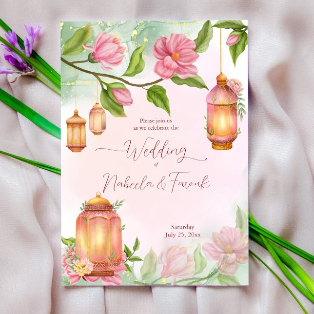 Invitation lanternes marocaines fleurs roses mariage islamiqu (Créateur téléchargé)