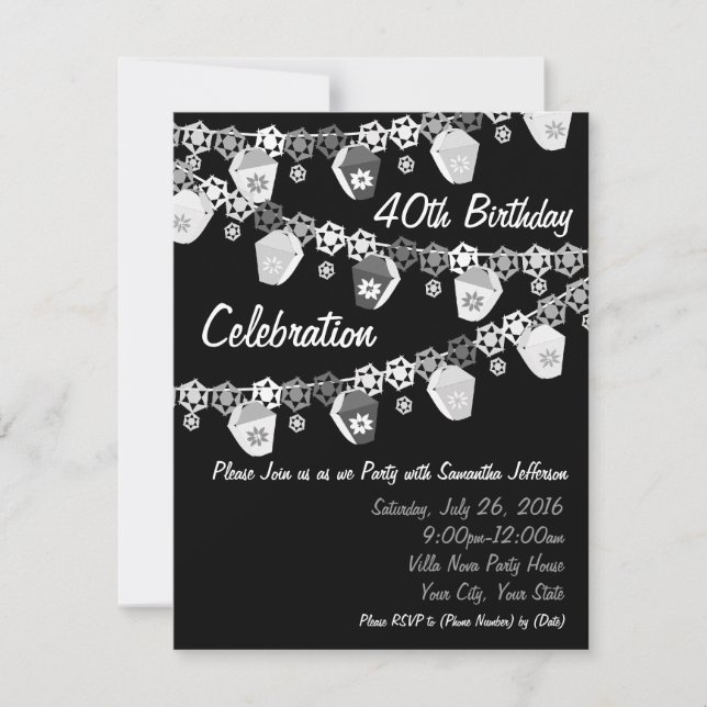 Invitation Lanternes Noir+Blanc Personnalisé 40e anniversaire (Devant)
