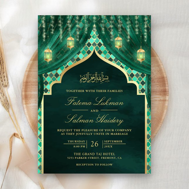 Invitation Lanternes or Emerald rideau vert Mariage musulman (Créateur téléchargé)