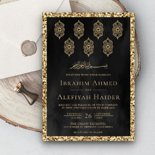 Invitation Lanternes Ornées Vintage Noir Or Mariage Musulman