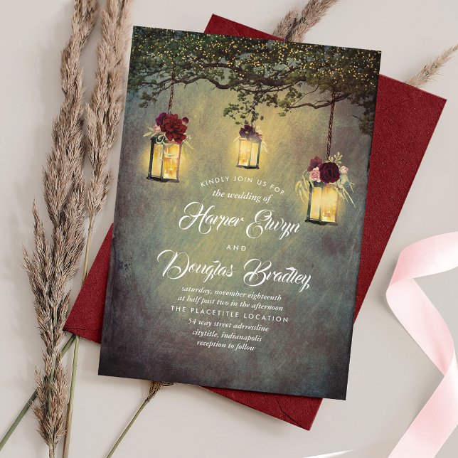 Invitation Lanternes pendantes Mariage rougeois bordeaux (Créateur téléchargé)