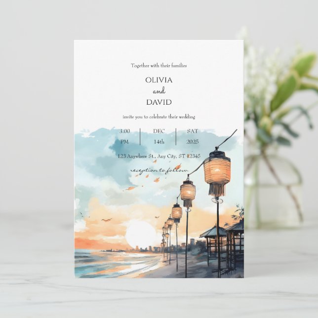 Invitation Lanternes romantiques Coucher de soleil Mariage de (Debout devant)