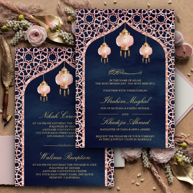 Invitation Lanternes roses bleu marine Rose or musulman Maria (Créateur téléchargé)