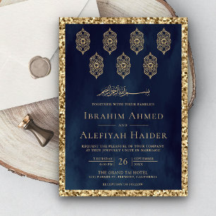 Invitation Lanternes vintages Ornées Bleu Or Musulman Mariage