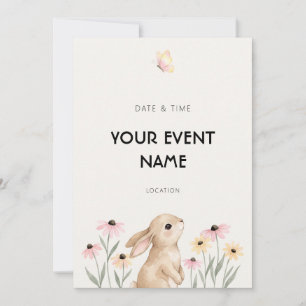 Invitation Lapin à l'aquarelle Fleur florale rose sauvage