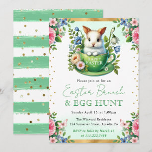 Invitation Lapin à l'aquarelle Fleurs de printemps Pâques Bru