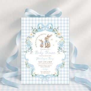 Invitation Lapin à l'arc bleu Gingham Floral Baby Shower Garç