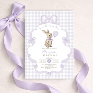 Invitation Lapin à l'arc violet Gingham pour 1er anniversaire