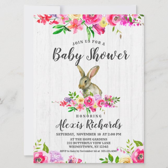 Invitation Lapin Aquarelle Lapin Baby shower Floral Invitat (Devant)