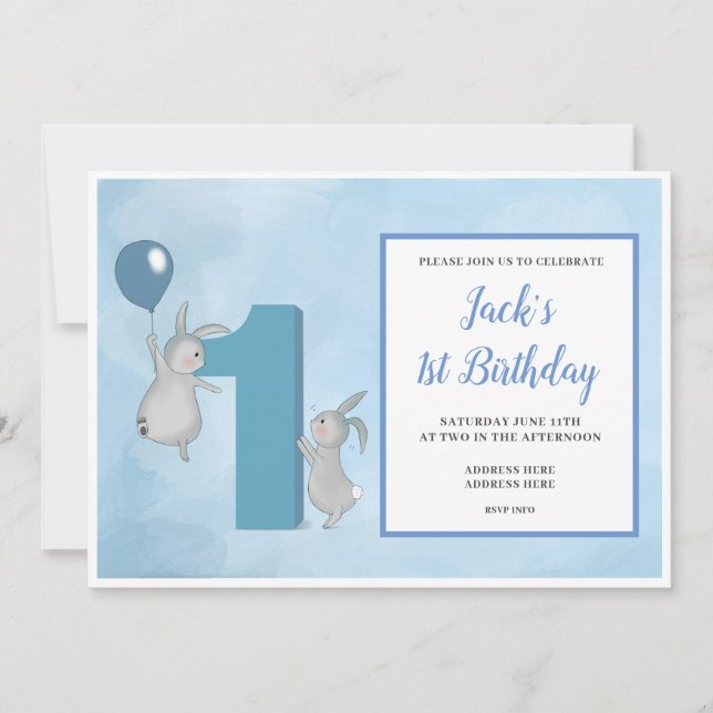 Invitation Lapin avec Balloon - 1er Anniversaire - Bleu (Devant)